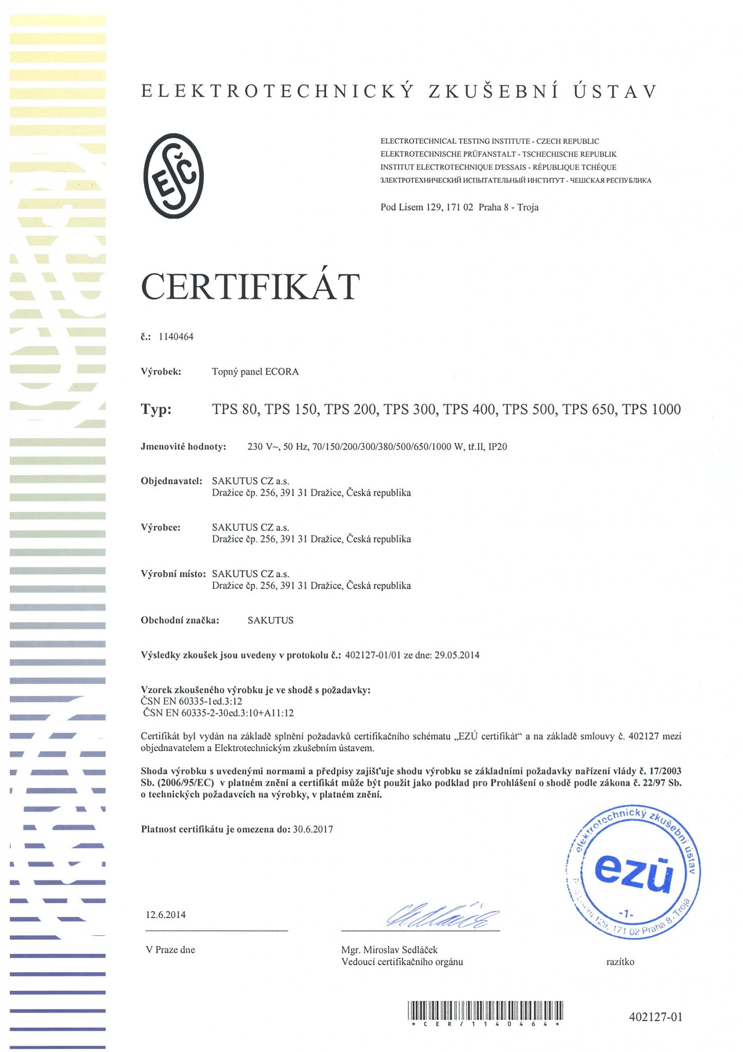 ECORA TPS Certifikát 2014
